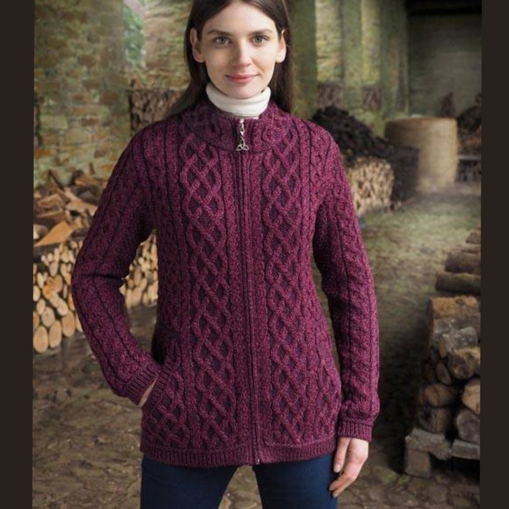 NWT Aran Crafts Ireland Short Plated 100% Merino Wool Sweater Coat -M